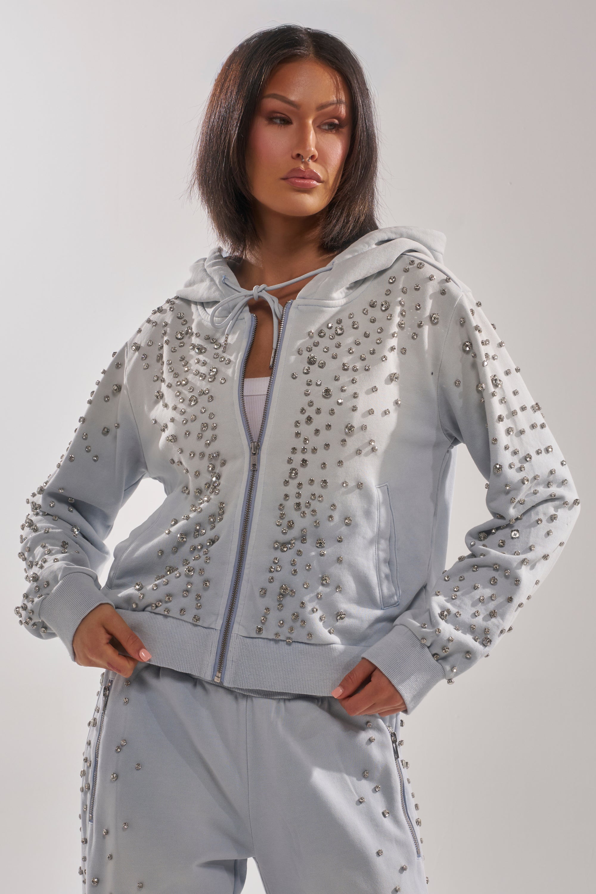 OH HOT DAMN EMBELLISHED ZIP UP SWEATSHIRT