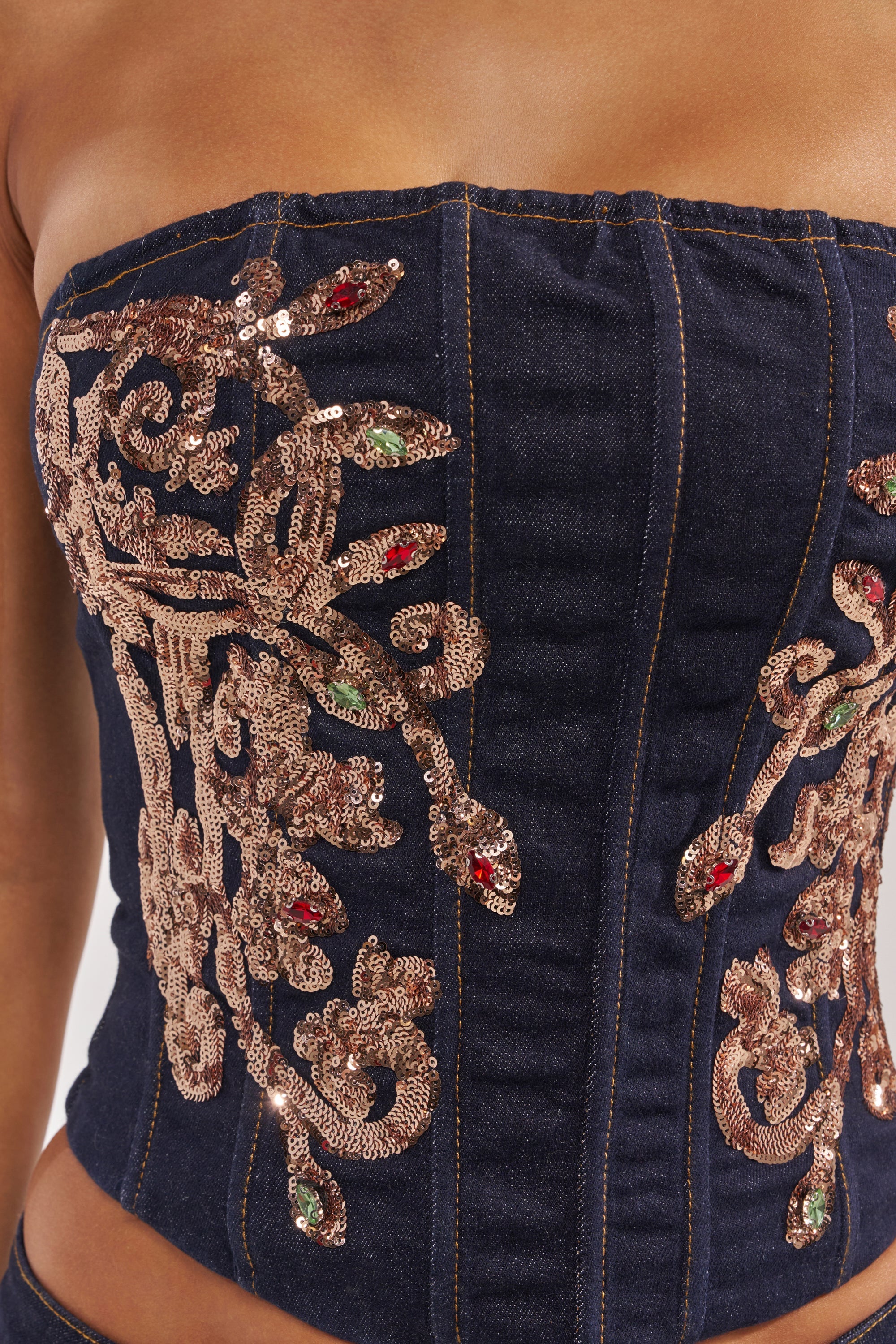 MALIBU LACE UP EMBELLISHED DENIM CORSET