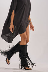 AZALEA WANG JOHANNA BLACK FRINGE GLADIATOR SANDAL