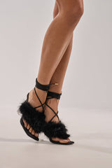 AKIRA GOLD KIRI BLACK FUR THONG SANDAL WITH CLEAR HEEL