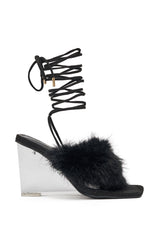 AKIRA GOLD KIRI BLACK FUR THONG SANDAL WITH CLEAR HEEL