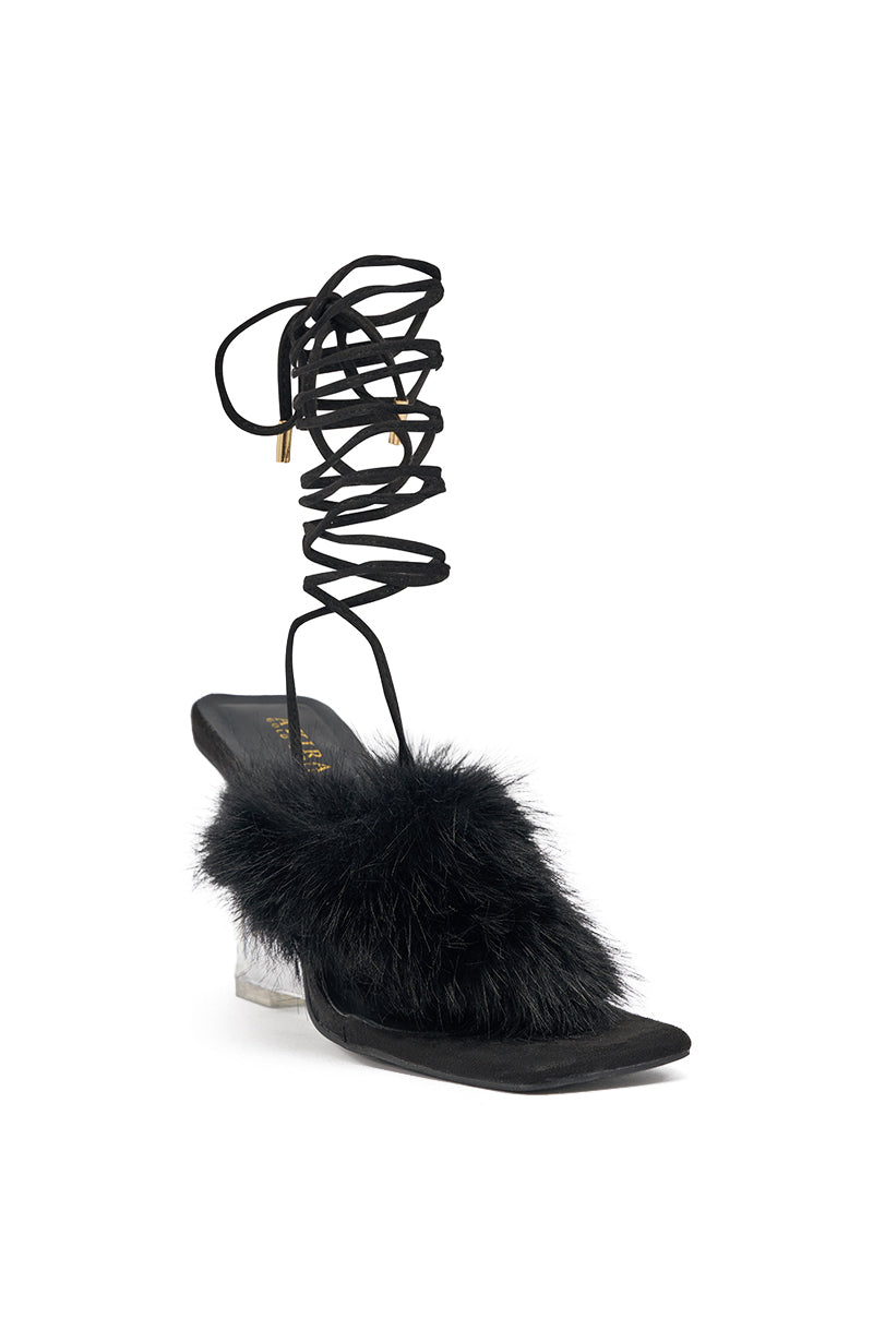 AKIRA GOLD KIRI BLACK FUR THONG SANDAL WITH CLEAR HEEL