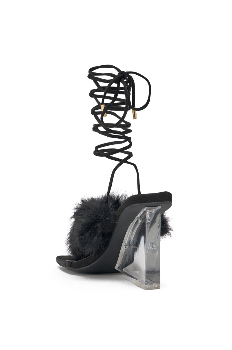 AKIRA GOLD KIRI BLACK FUR THONG SANDAL WITH CLEAR HEEL