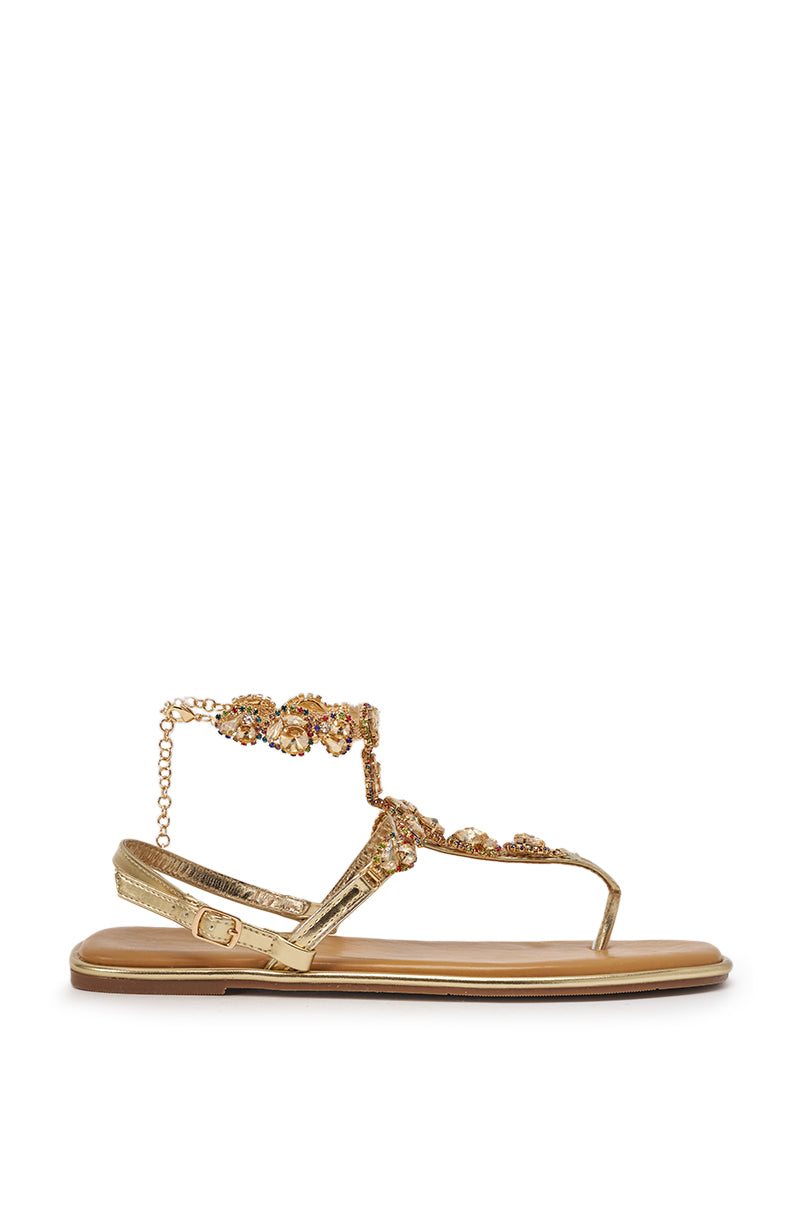 AZALEA WANG LOSKI GOLD METALLIC RHINESTONE EMBELLISHED FLAT STRAP SANDAL