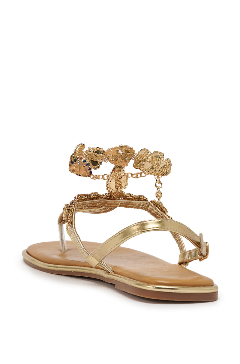 AZALEA WANG LOSKI GOLD METALLIC RHINESTONE EMBELLISHED FLAT STRAP SANDAL