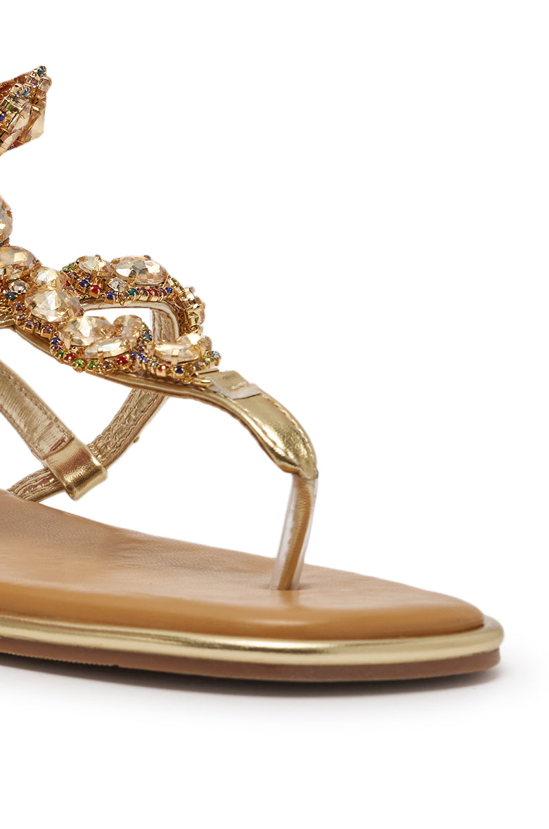 AZALEA WANG LOSKI GOLD METALLIC RHINESTONE EMBELLISHED FLAT STRAP SANDAL