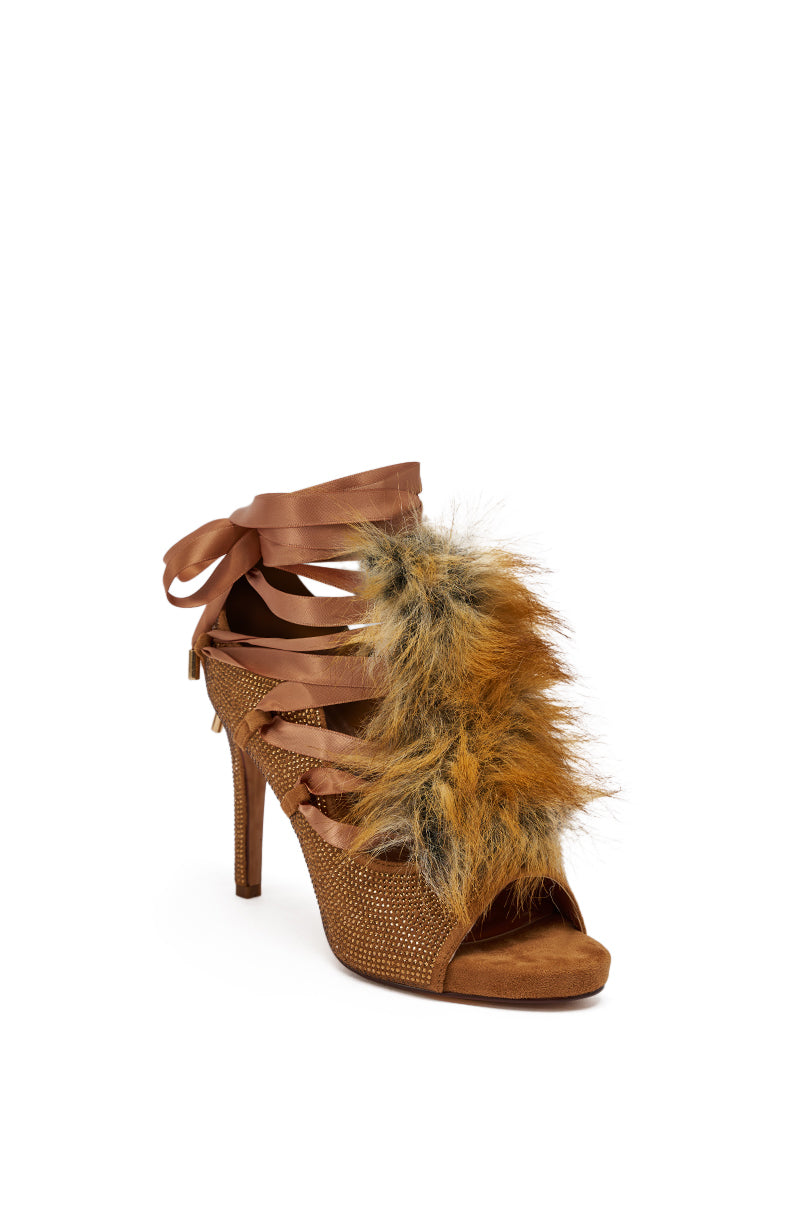 AZALEA WANG MADHAV BRONZE RHINESTONE AND FOX FUR SANDAL