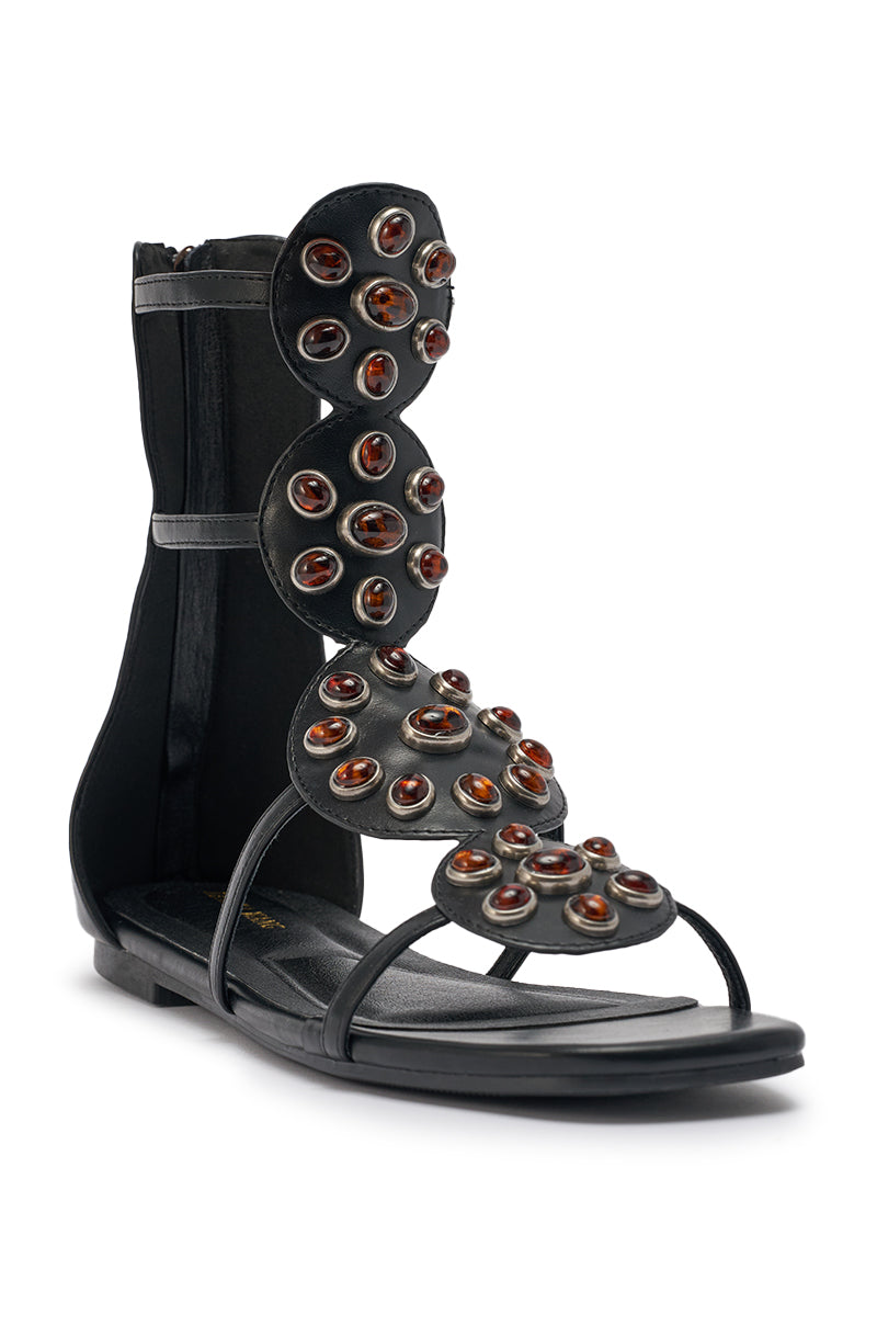 AZALEA WANG MIKAERE BLACK BROWN STONE EMBELLISHED FLAT STRAP SANDAL