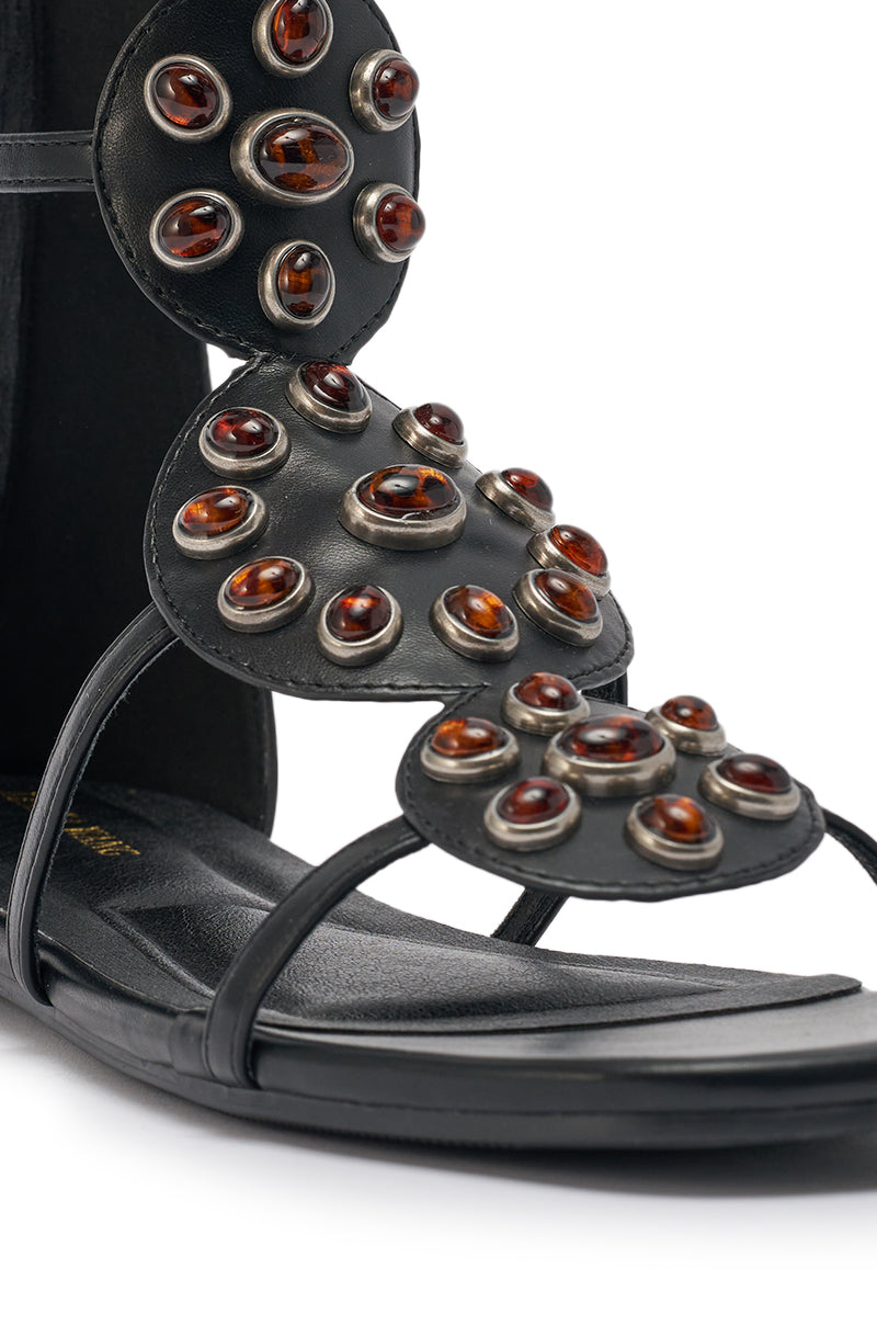 AZALEA WANG MIKAERE BLACK BROWN STONE EMBELLISHED FLAT STRAP SANDAL
