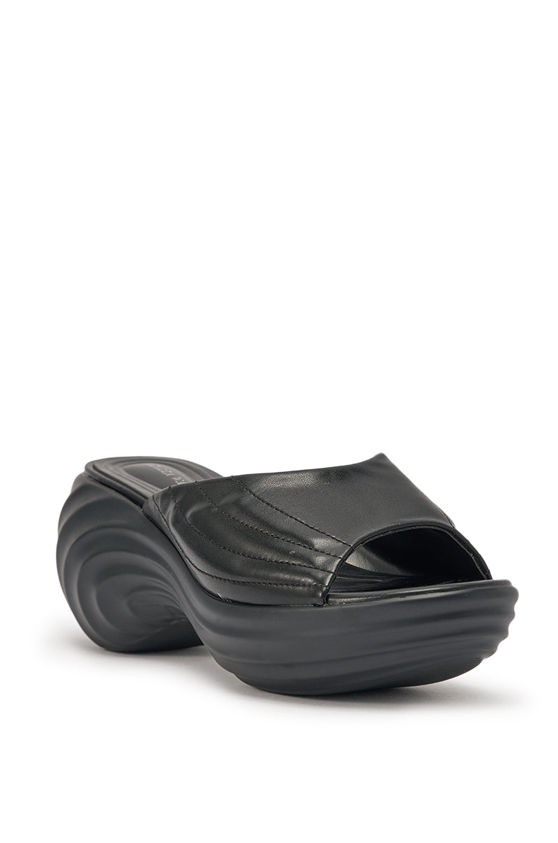 AZALEA WANG MIRAGE BLACK PU FLATFORM SLIP ON SANDAL