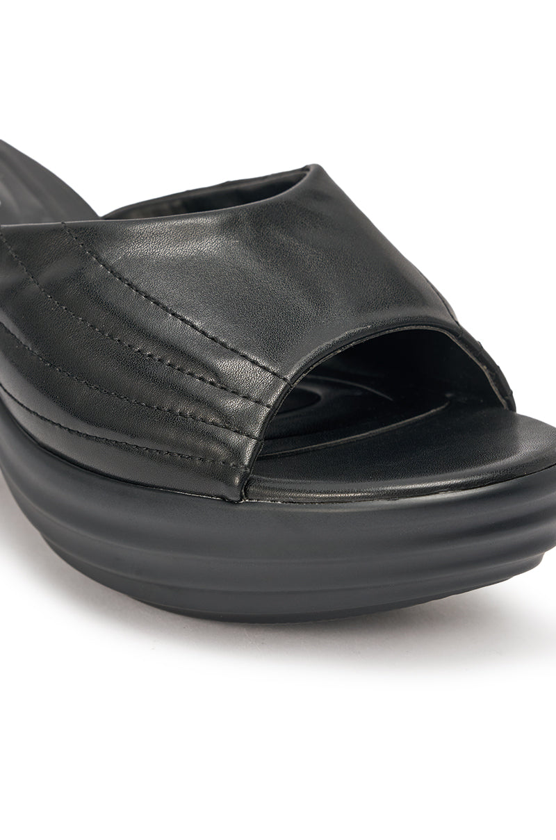 AZALEA WANG MIRAGE BLACK PU FLATFORM SLIP ON SANDAL