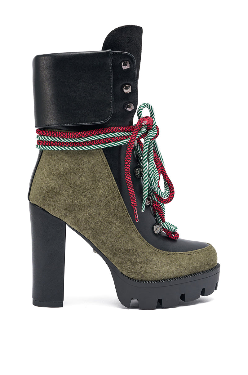 AKIRA GOLD MUFFLER GREENMULTI CHUNKY HEEL BOOTIE