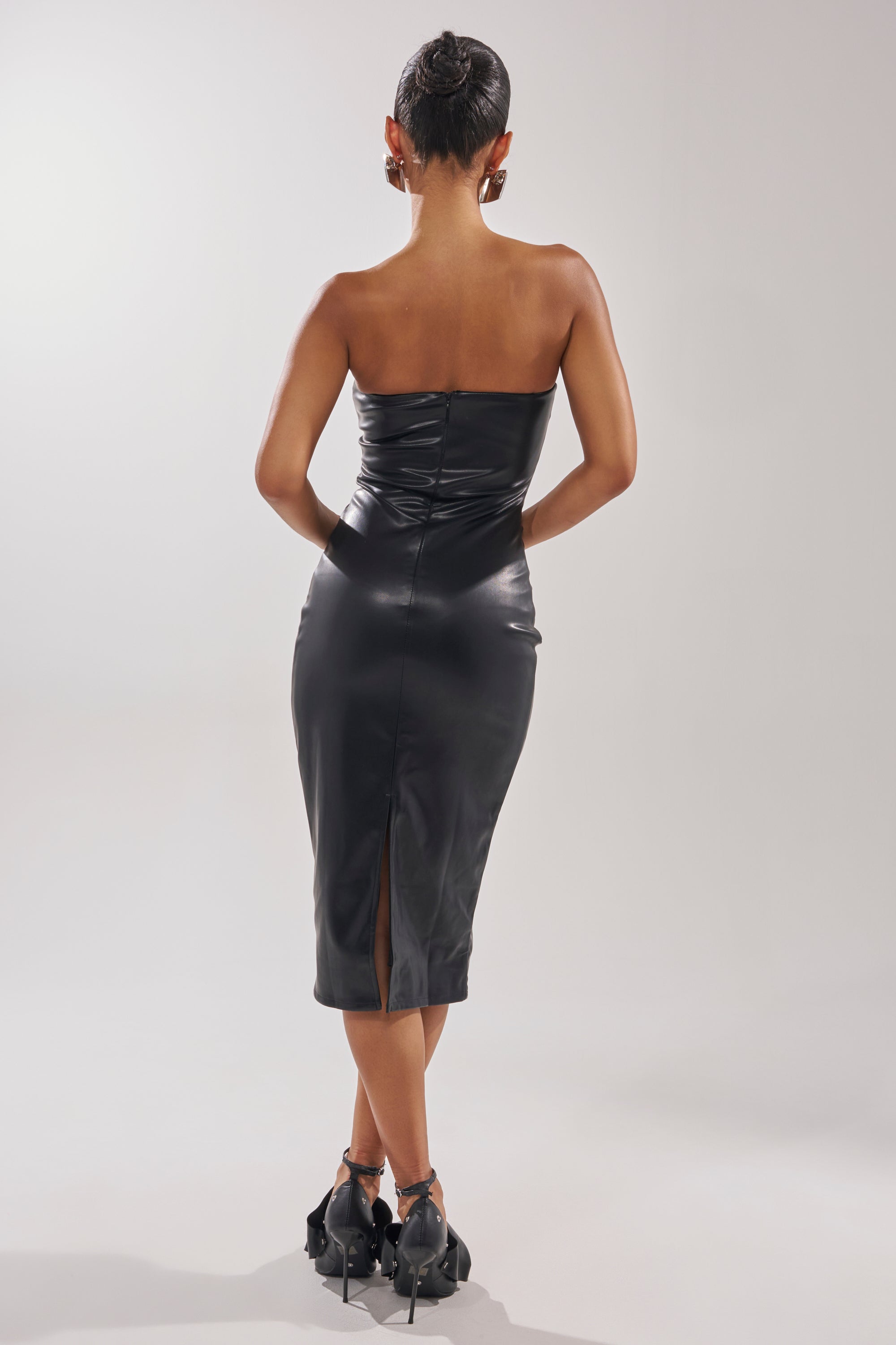 OH HOT DAMN FAUX LEATHER MIDI DRESS IN BLACK