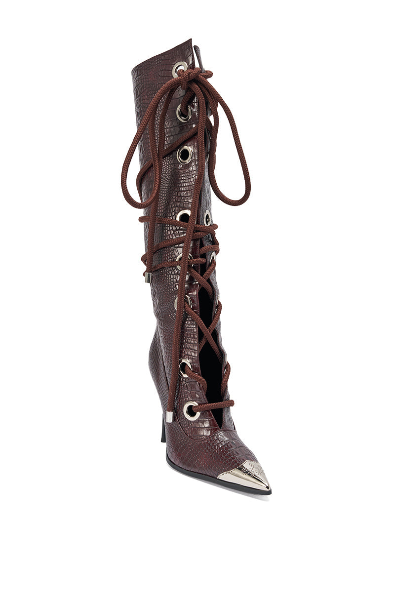 AKIRA GOLD PANTOUM CHOCOLATE CROC STILETTO BOOT