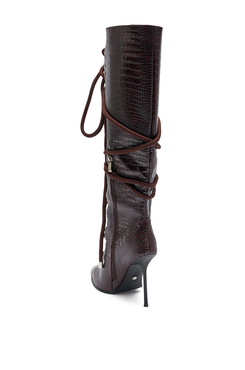 AKIRA GOLD PANTOUM CHOCOLATE CROC STILETTO BOOT