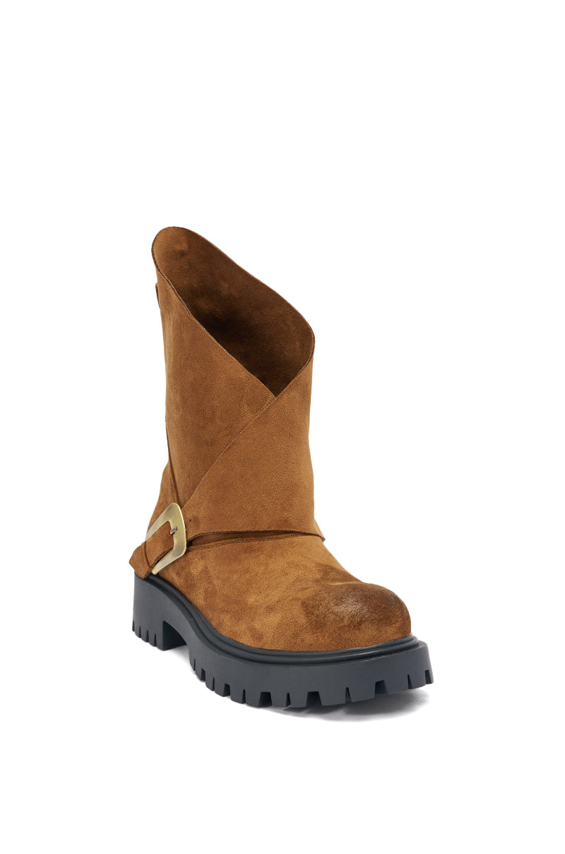 AZALEA WANG PHRIXUS BROWN CHUNKY SHORT SHAFT FAUX SUEDE BOOT