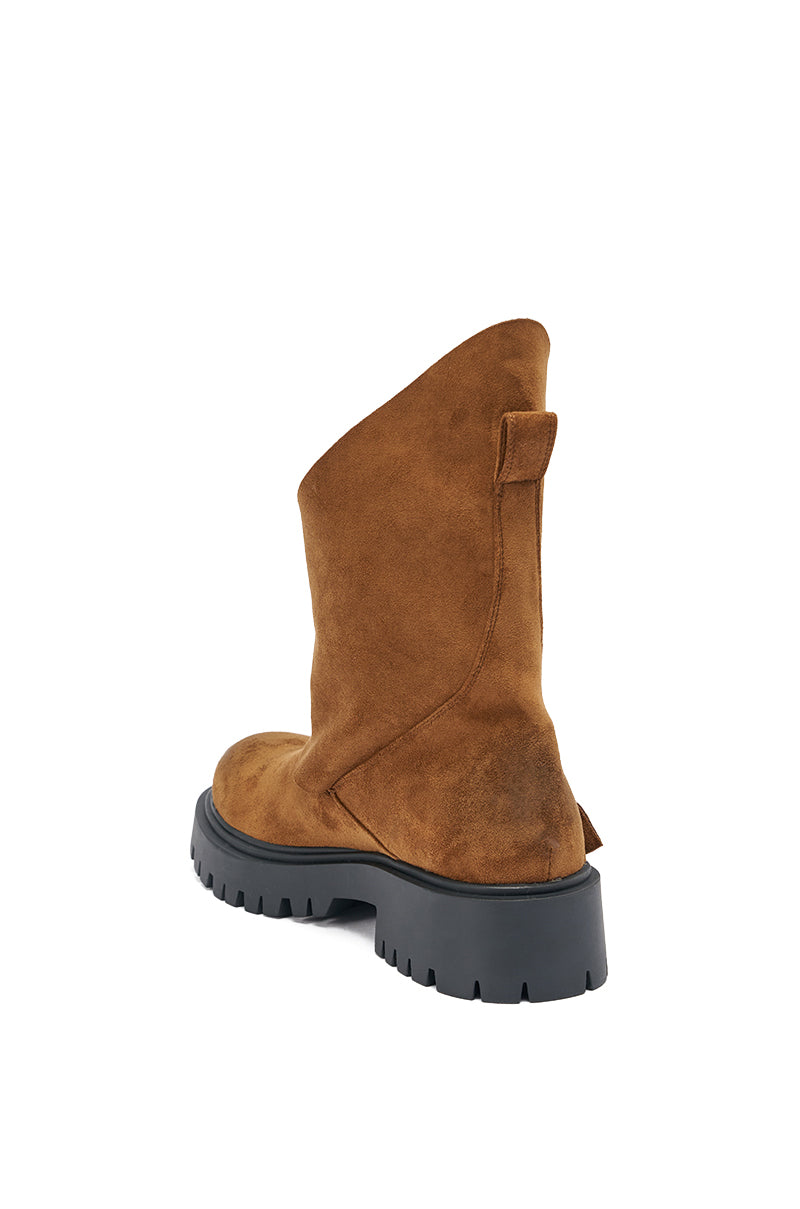 AZALEA WANG PHRIXUS BROWN CHUNKY SHORT SHAFT FAUX SUEDE BOOT