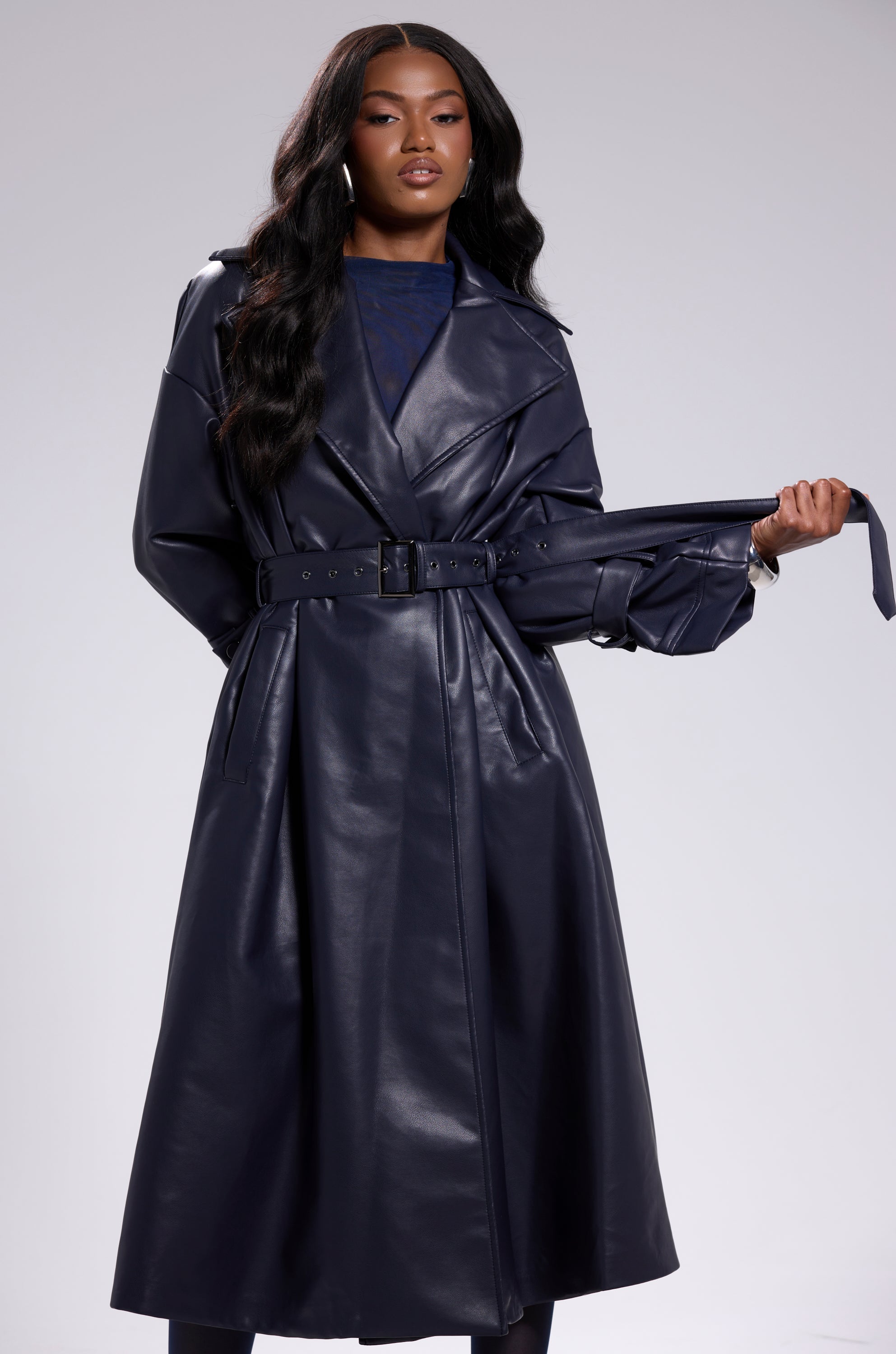 ALINNA FAUX LEATHER TRENCH IN NAVY