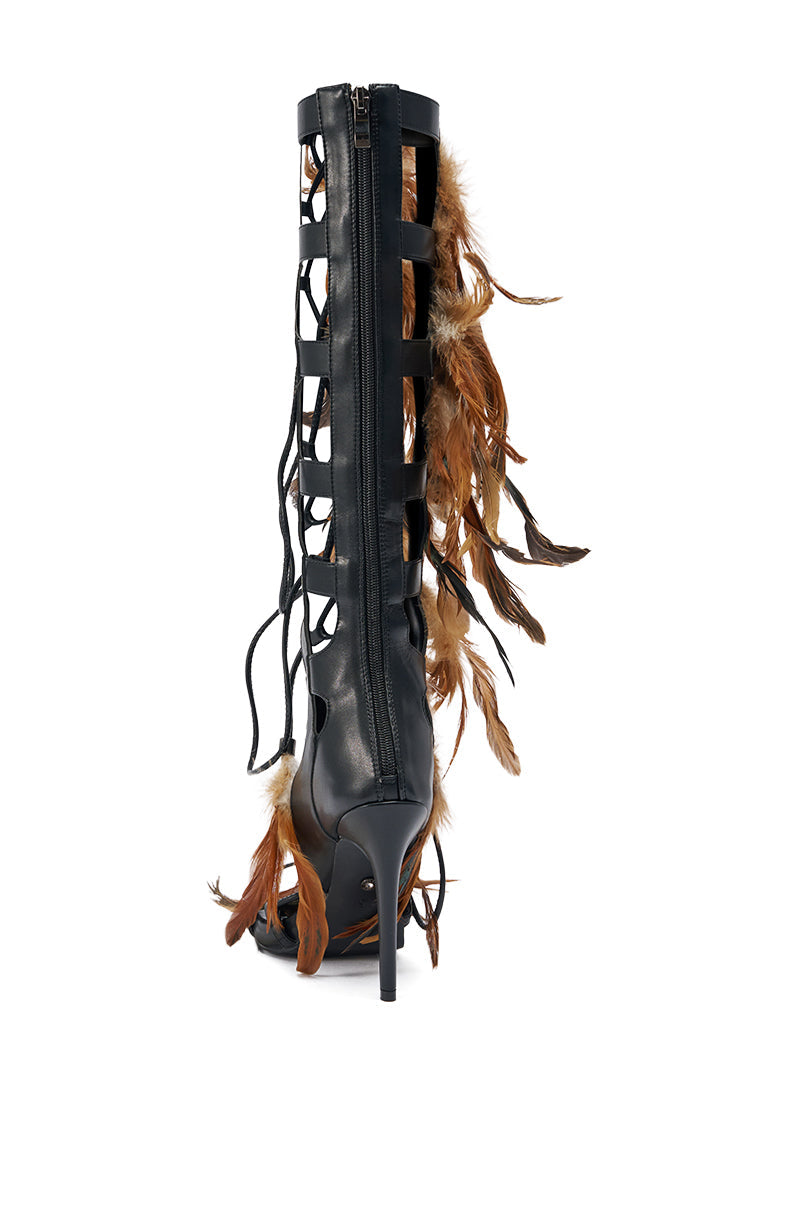 AKIRA GOLD RAYYA BLACK MULTI PU GLADIATOR FEATHER EMBELLISHED STILETTO SANDAL