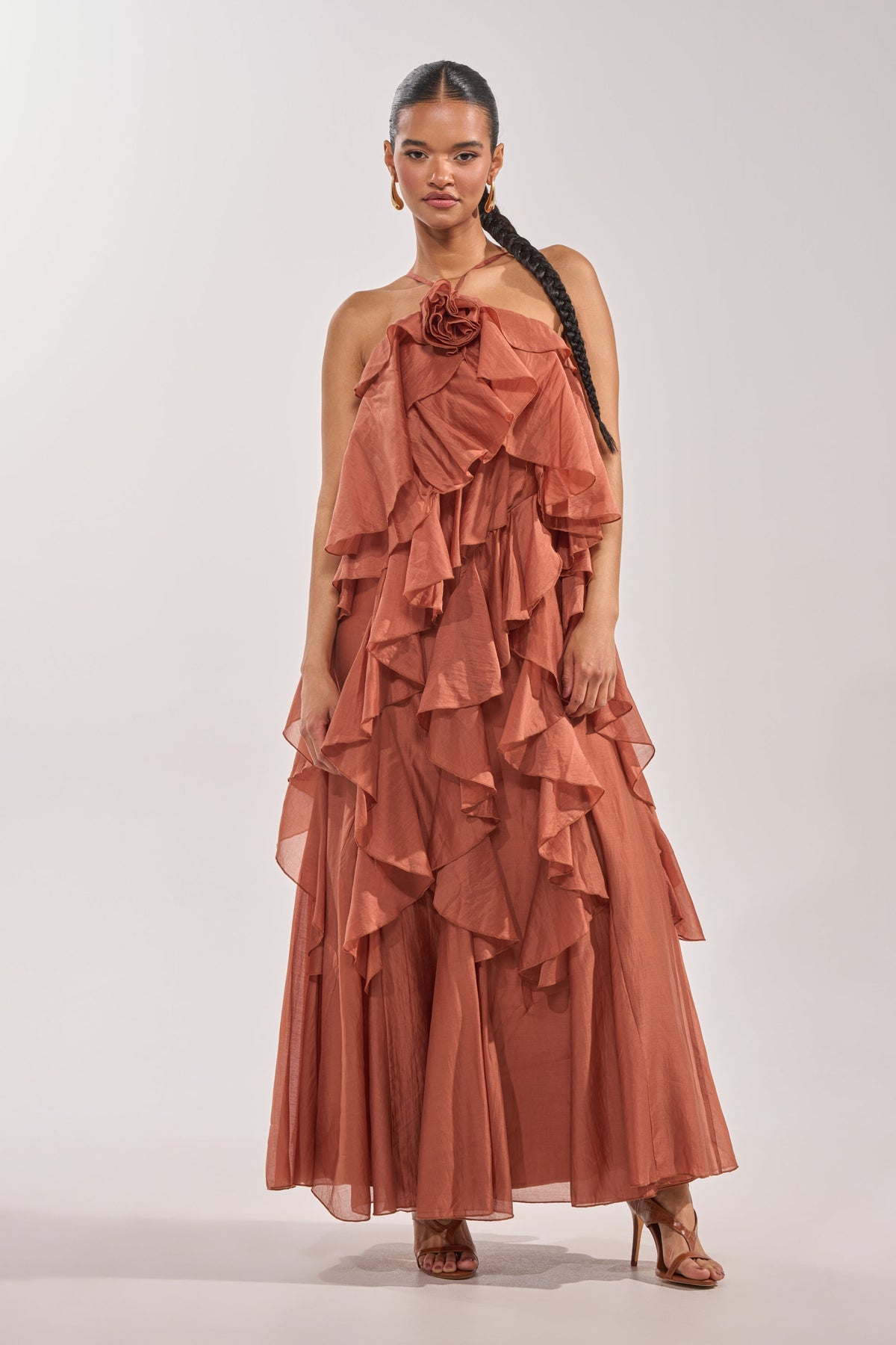 KISS ME SLOW CHIFFON MAXI DRESS IN RUST