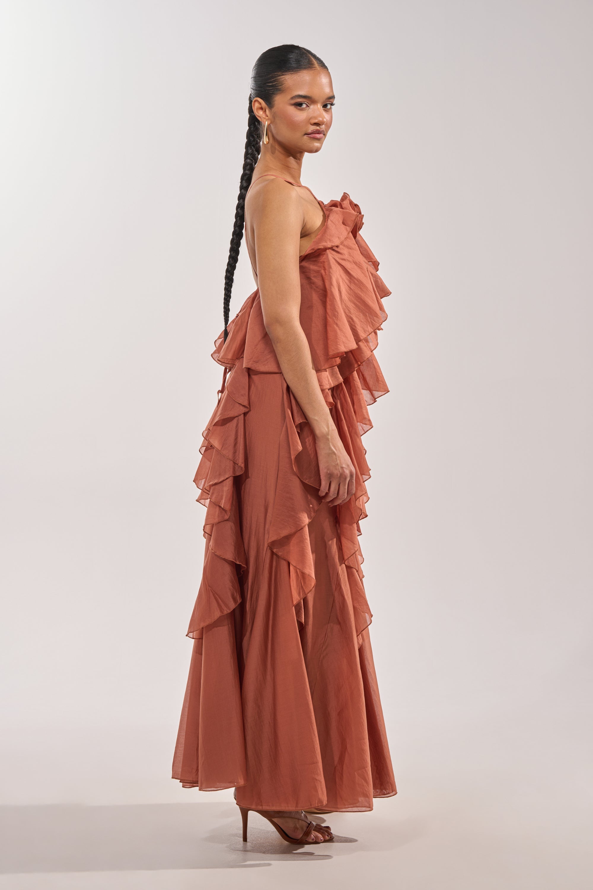 KISS ME SLOW CHIFFON MAXI DRESS IN RUST
