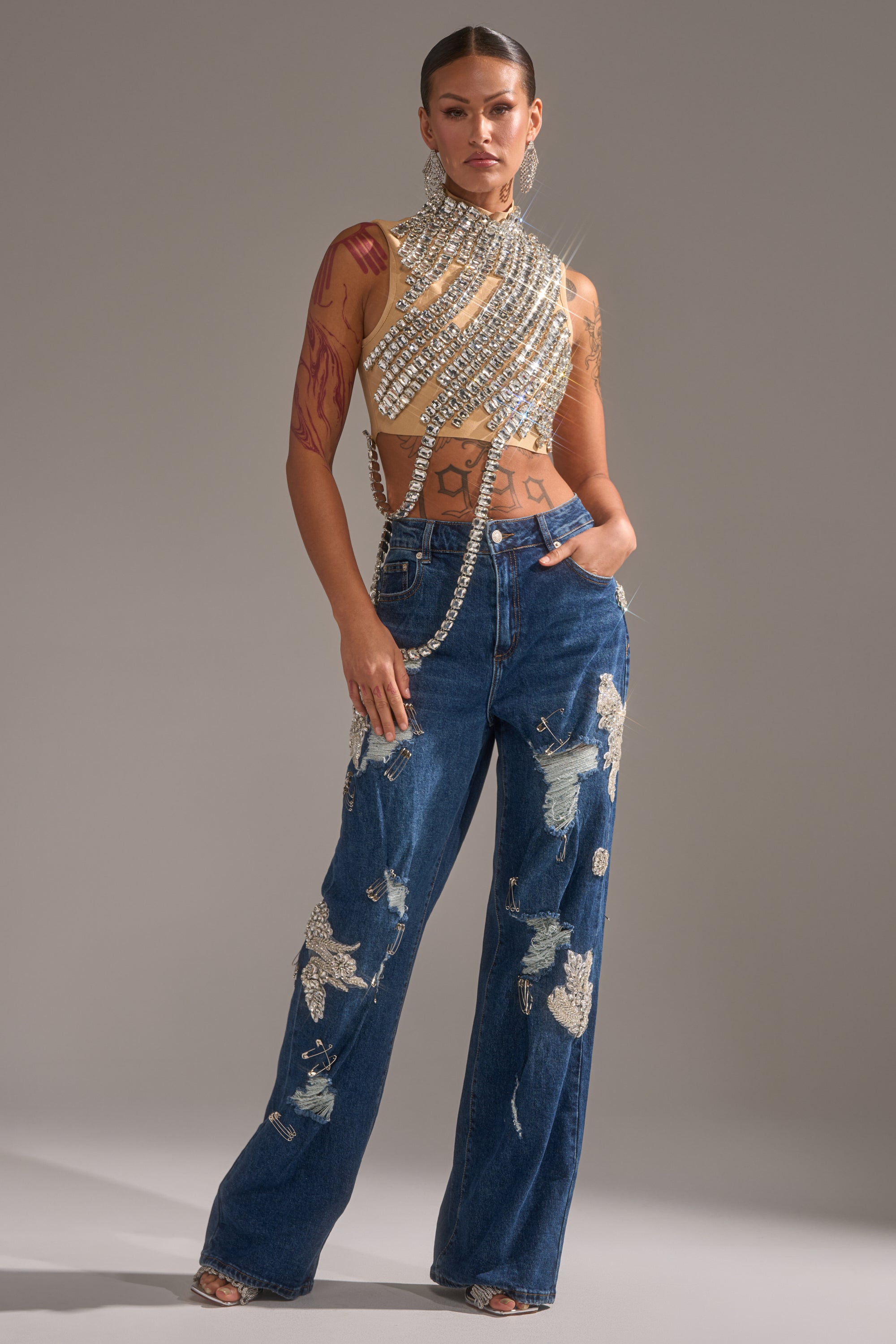 ITS YOUR TIME RHINESTONE MOCK NECK BLOUSE