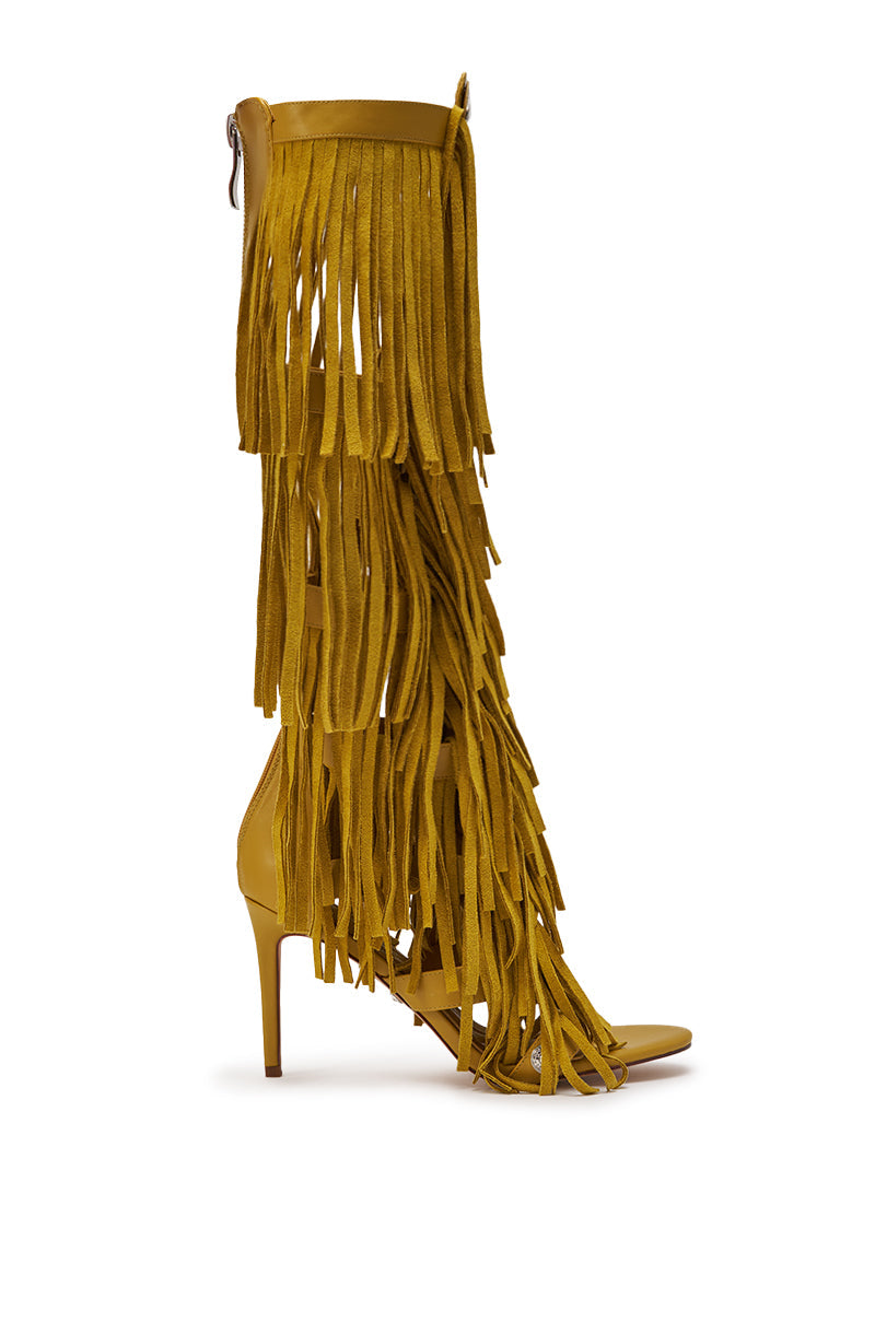 AZALEA WANG SAMEYANA MUSTARD FRINGE AND METAL STILETTO GLADIATOR SANDAL