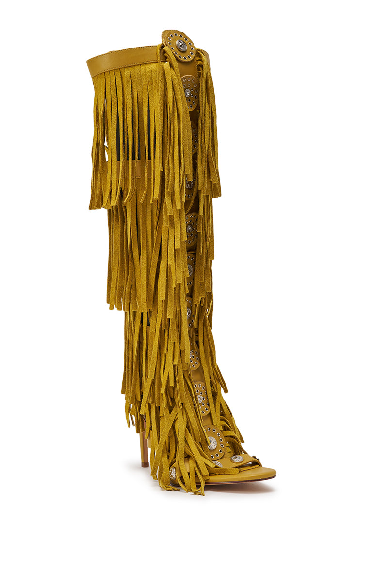 AZALEA WANG SAMEYANA MUSTARD FRINGE AND METAL STILETTO GLADIATOR SANDAL