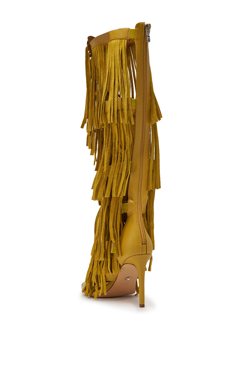 AZALEA WANG SAMEYANA MUSTARD FRINGE AND METAL STILETTO GLADIATOR SANDAL