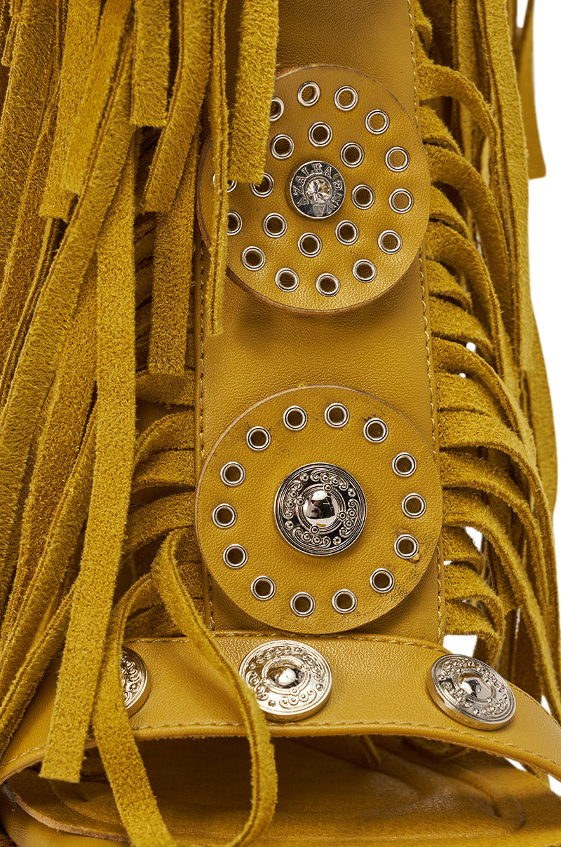AZALEA WANG SAMEYANA MUSTARD FRINGE AND METAL STILETTO GLADIATOR SANDAL