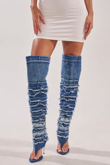 AZALEA WANG SENA DENIM STILETTO OPEN TOE BOOT
