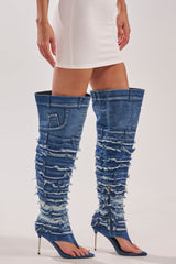 AZALEA WANG SENA DENIM STILETTO OPEN TOE BOOT