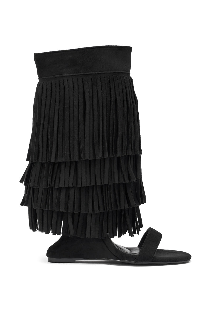 AKIRA GOLD SESTINA BLACK FAUX SUEDE FRINGE WEDGE SANDAL