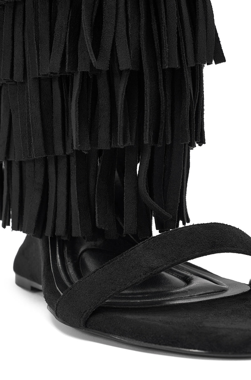 AKIRA GOLD SESTINA BLACK FAUX SUEDE FRINGE WEDGE SANDAL