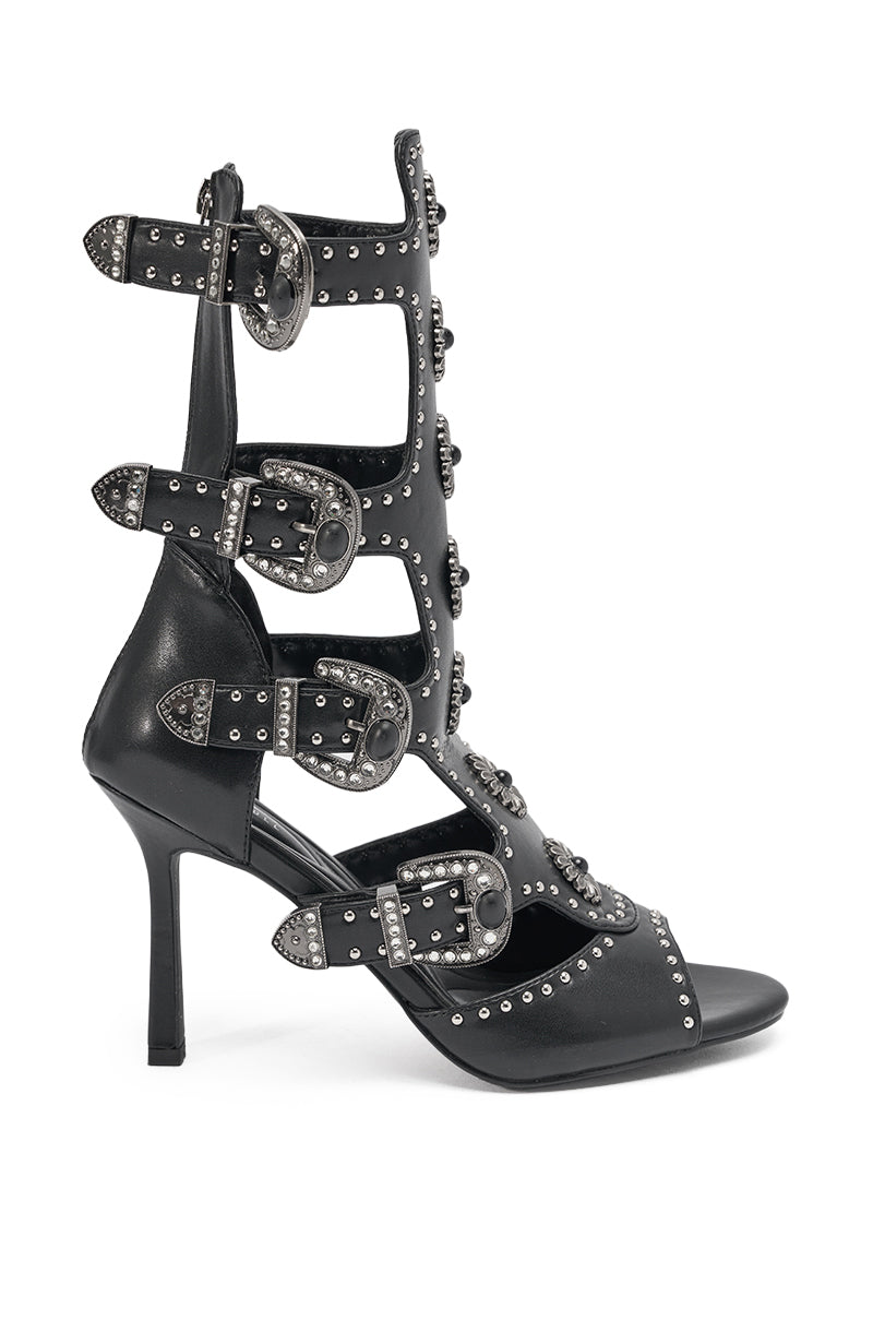 AKIRA GOLD SOLVEIG BLACK EMBELLISHED WESTERN STILETTO SANDAL