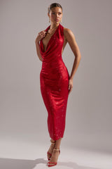 POPPIN' BOTTLES RHINESTONE MAXI DRESS IN RED