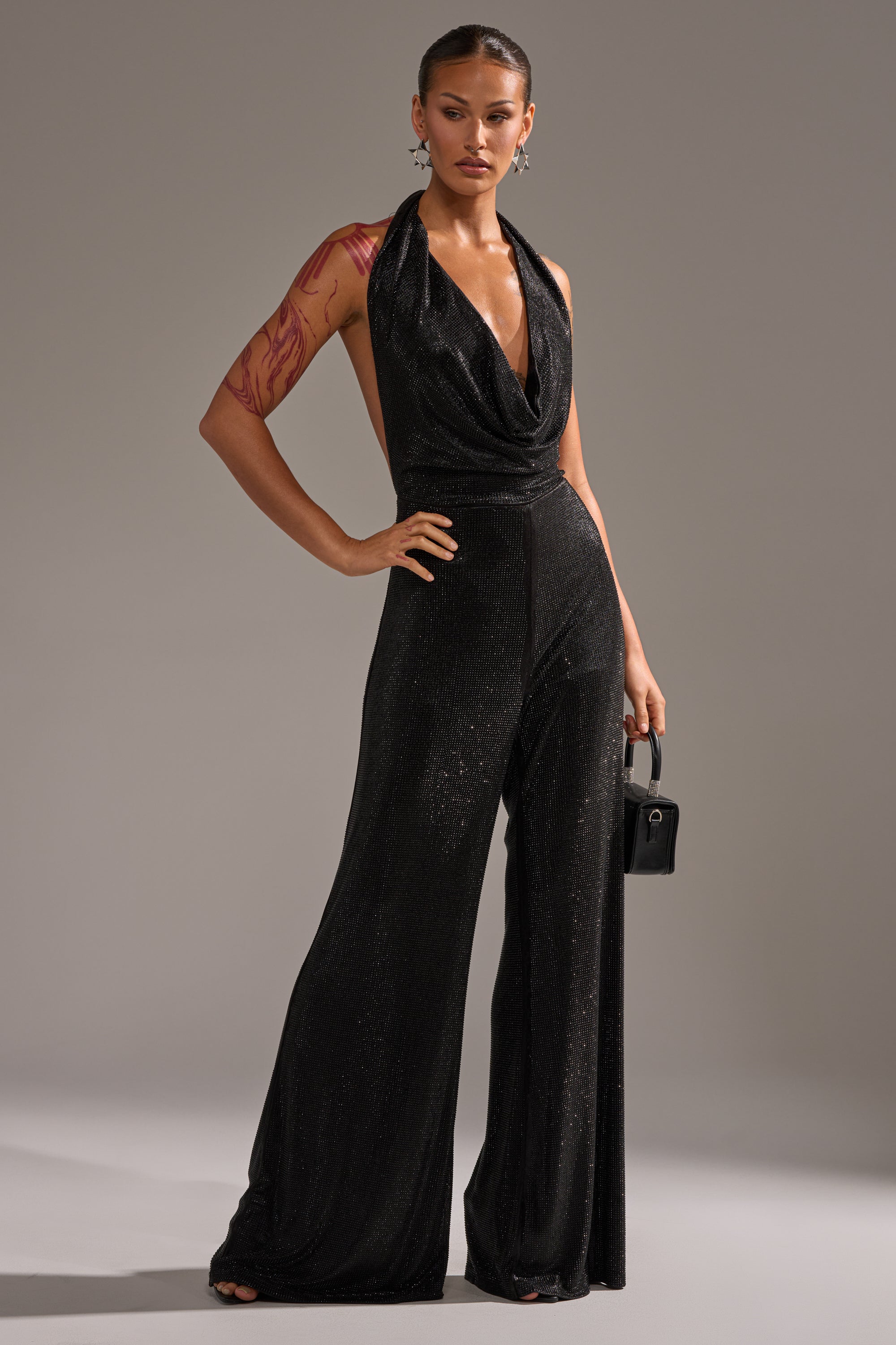 MAKE YOU DO A DOUBLE TAKE RHINESTONE JUMPSUIT IN BLACK