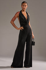 MAKE YOU DO A DOUBLE TAKE RHINESTONE JUMPSUIT IN BLACK