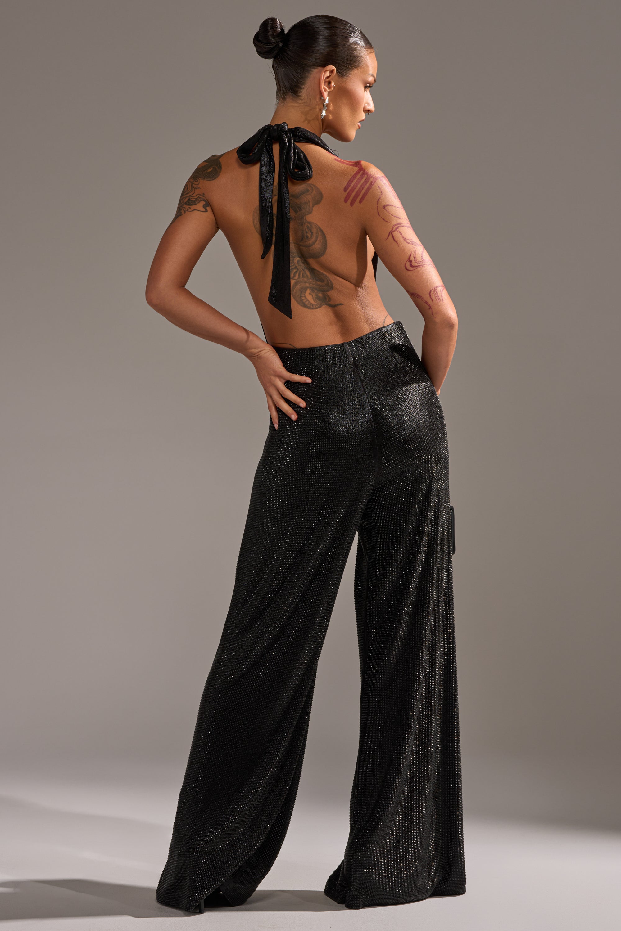 MAKE YOU DO A DOUBLE TAKE RHINESTONE JUMPSUIT IN BLACK