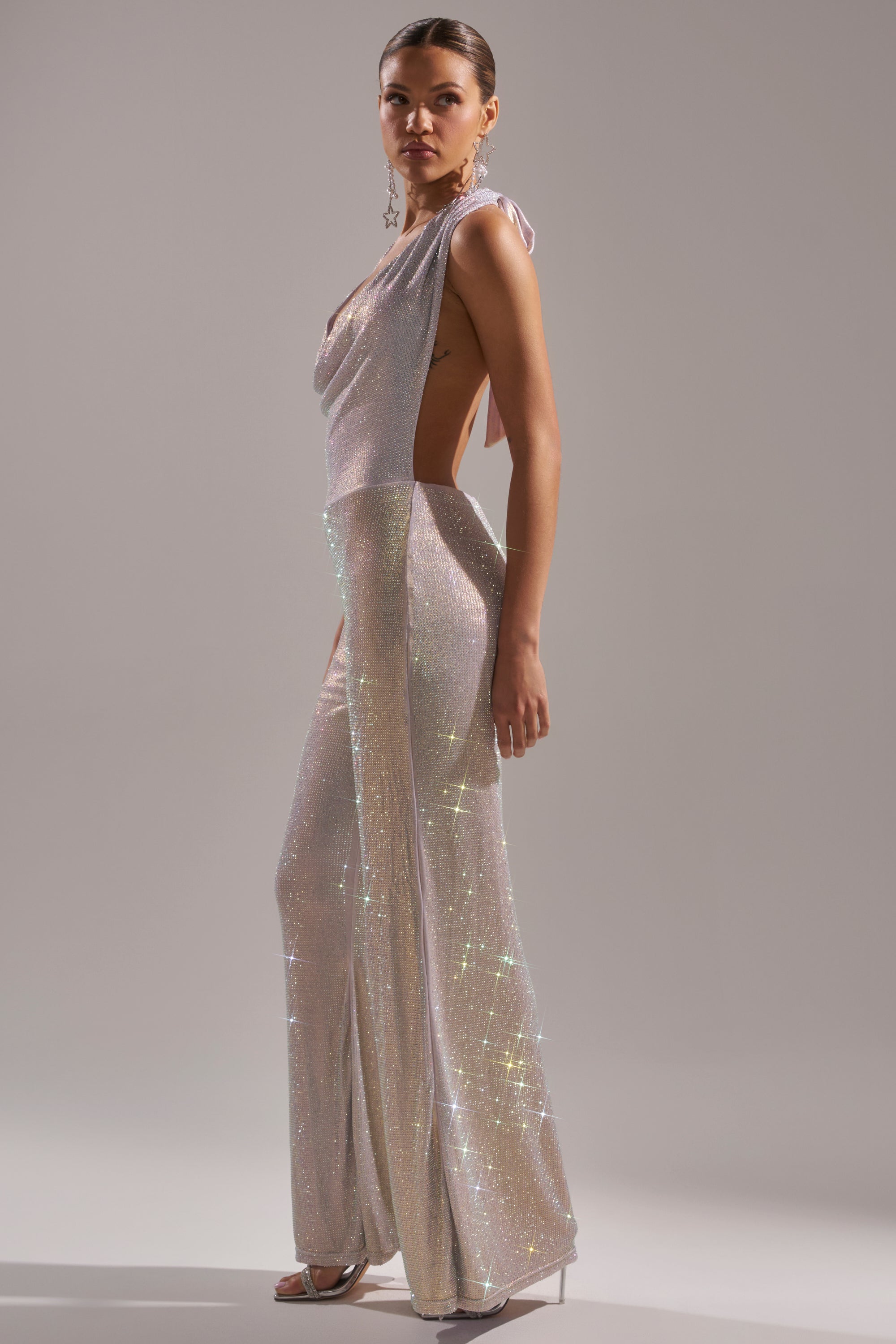 MAKE YOU DO A DOUBLE TAKE RHINESTONE JUMPSUIT IN CHAMPAGNE