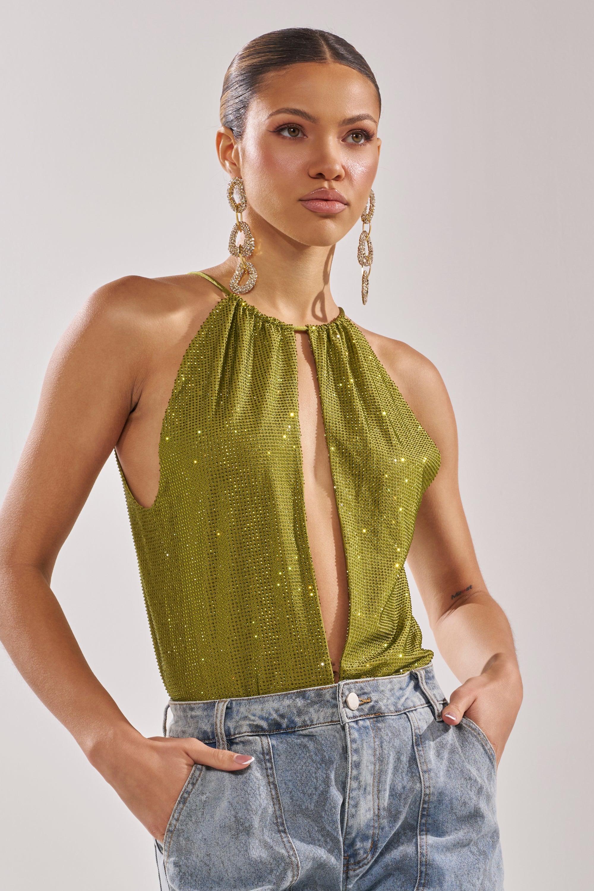 SHINING DOWN ON YOU RHINESTONE BODYSUIT IN GREEN