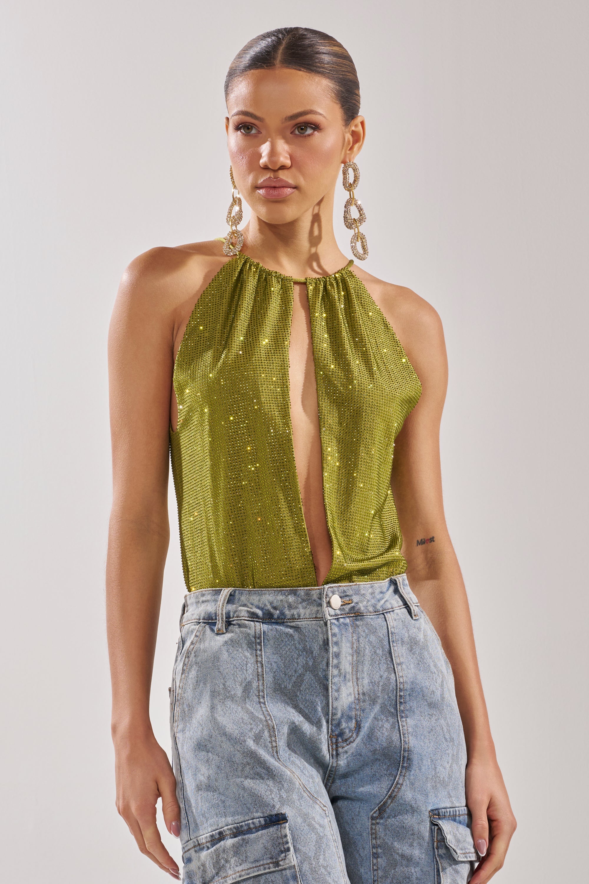 SHINING DOWN ON YOU RHINESTONE BODYSUIT IN GREEN