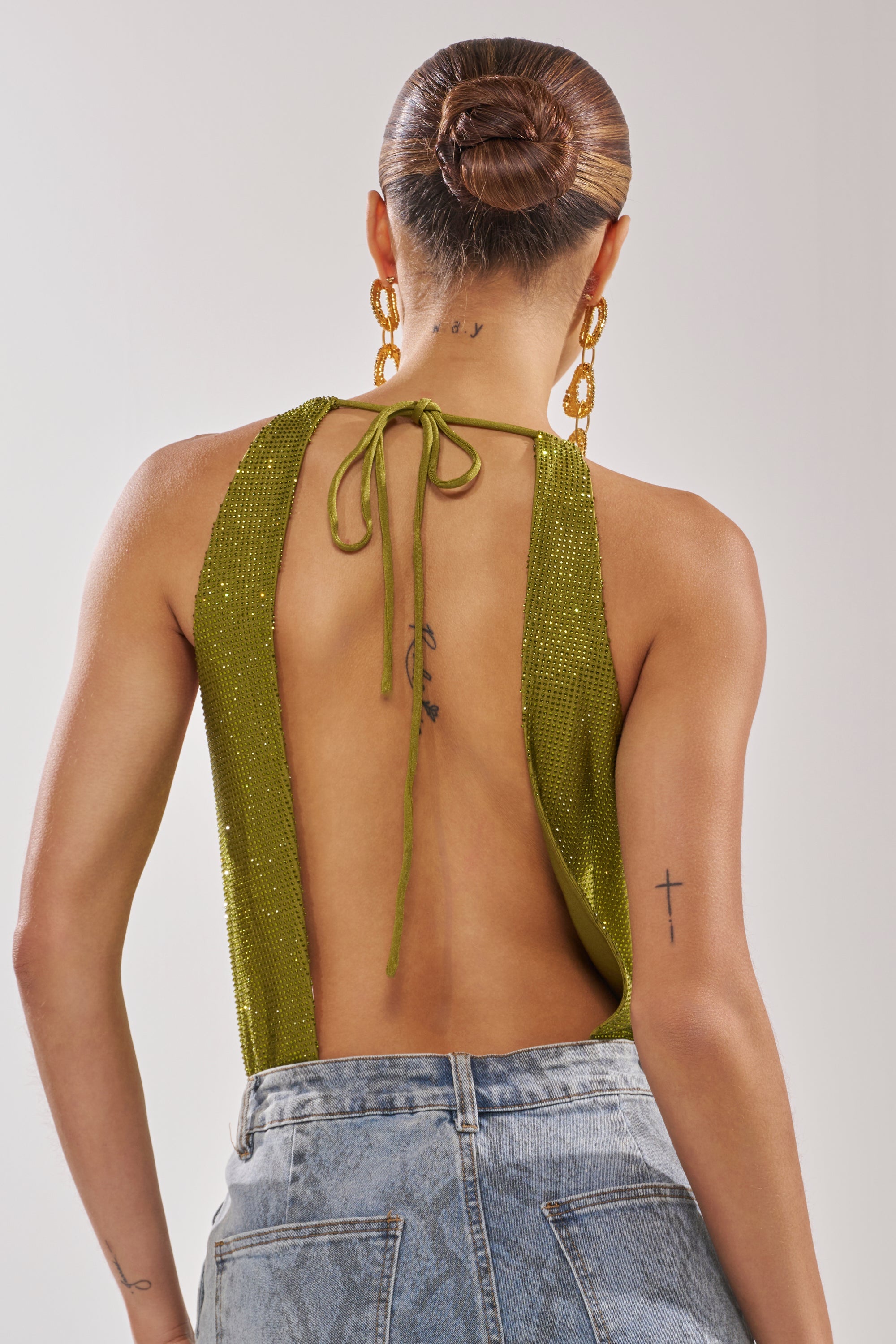 SHINING DOWN ON YOU RHINESTONE BODYSUIT IN GREEN