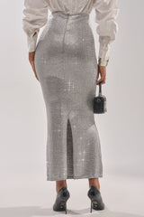 BRIGHT LIGHTS RHINESTONE MAXI SKIRT IN SILVER