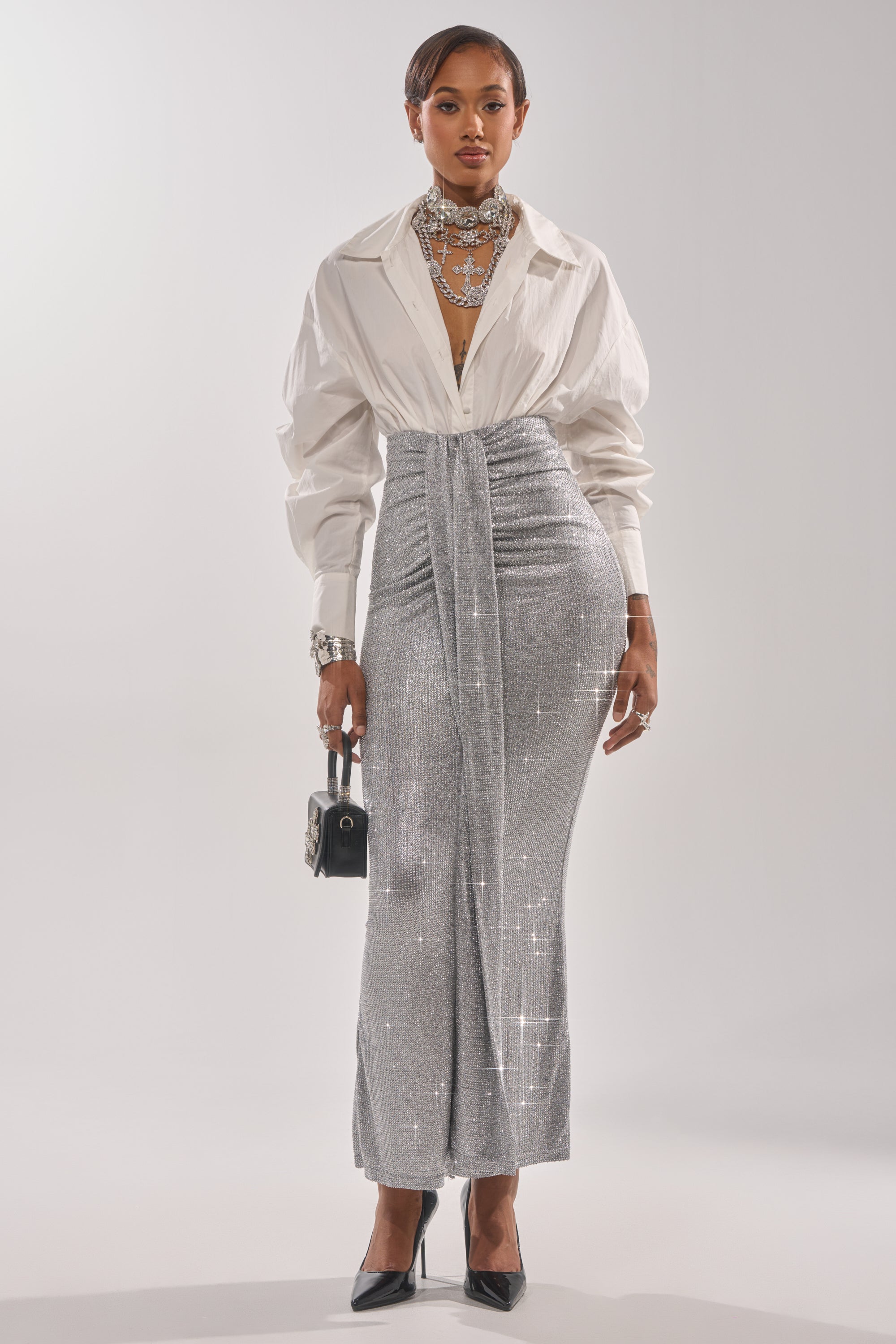BRIGHT LIGHTS RHINESTONE MAXI SKIRT IN SILVER
