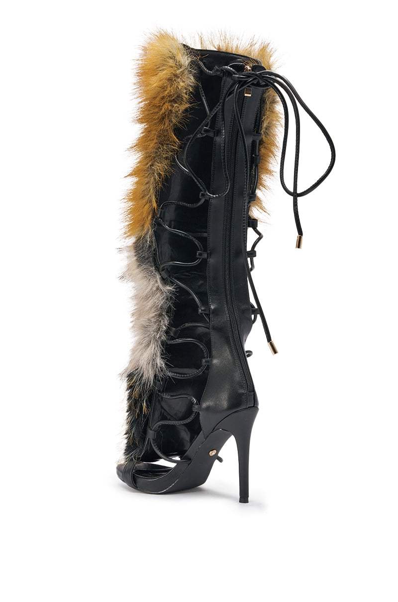 AZALEA WANG STAMOS BLACK MULTI FUR GLADIATOR STILETTO SANDAL