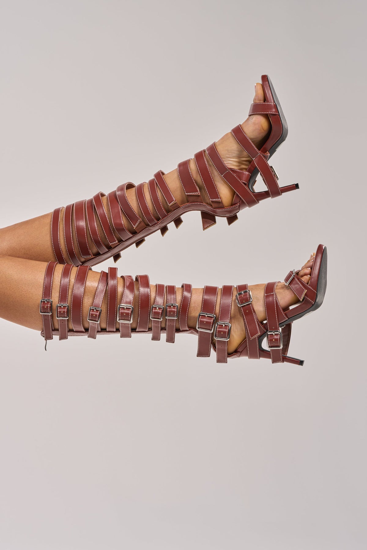 AZALEA WANG STITCH BROWN PU HARDWARE EMBELLISHED STILETTO SANDAL