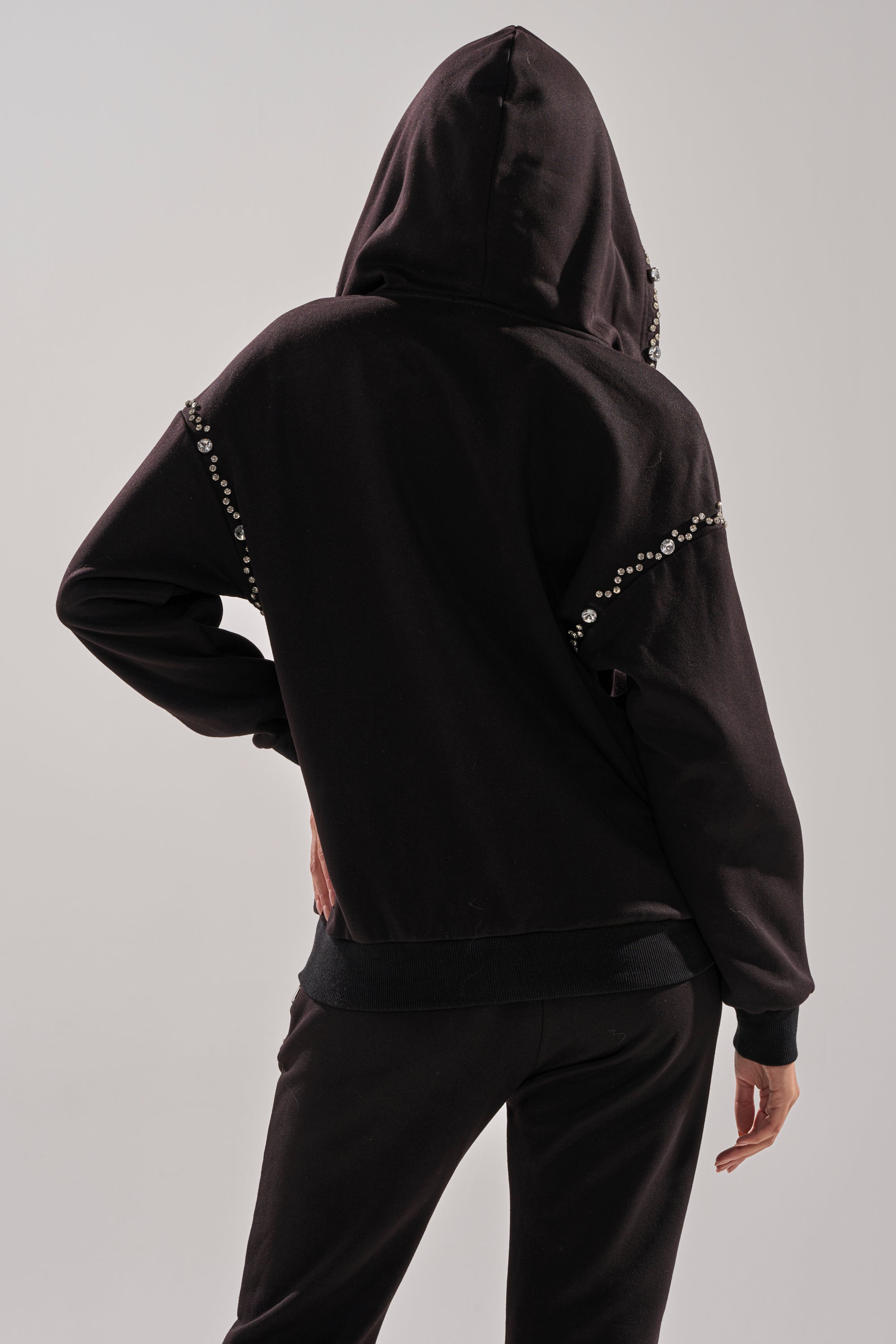 COZY HOLIDAY RHINESTONE ZIP UP SWEATSHIRT IN BLACK