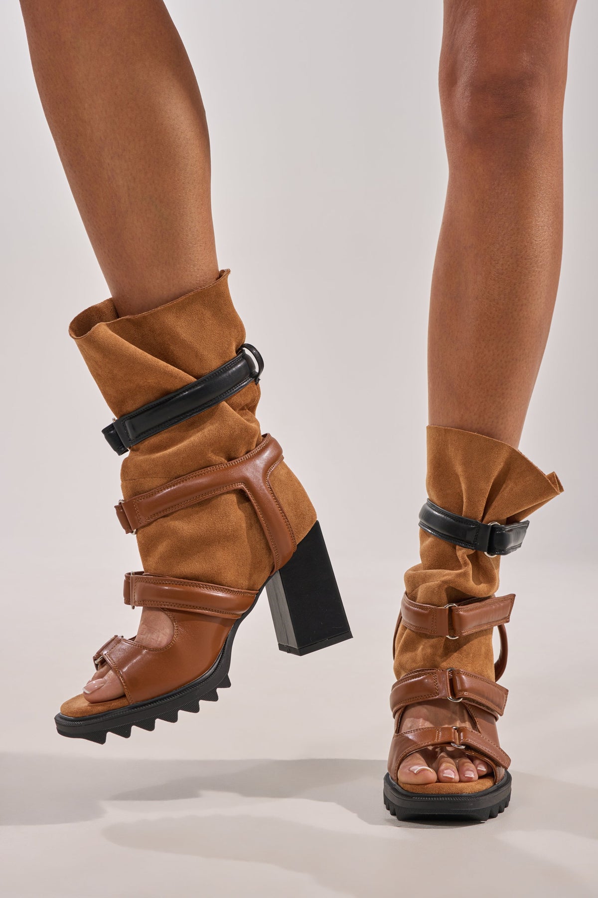 AZALEA WANG THIERRY TAN FAUX SUEDE OPEN TOE CHUNKY BOOTIE