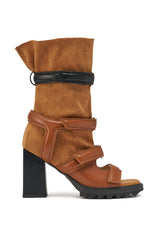 AZALEA WANG THIERRY TAN FAUX SUEDE OPEN TOE CHUNKY BOOTIE